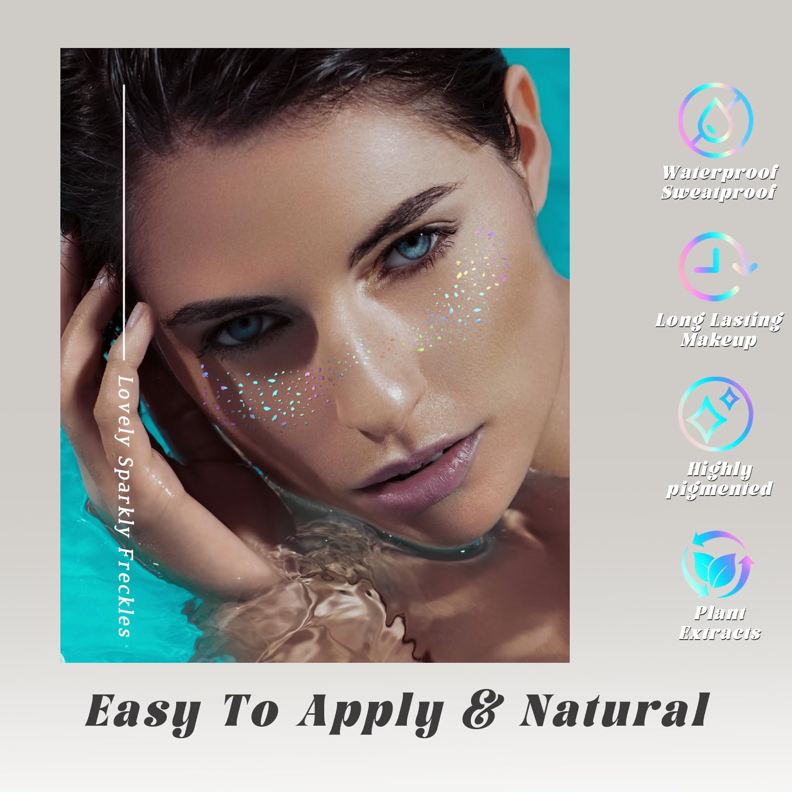 Step by step application guide for applying temporary glitter freckle stickers to clean skin.
