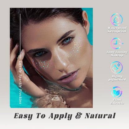 Step by step application guide for applying temporary glitter freckle stickers to clean skin.