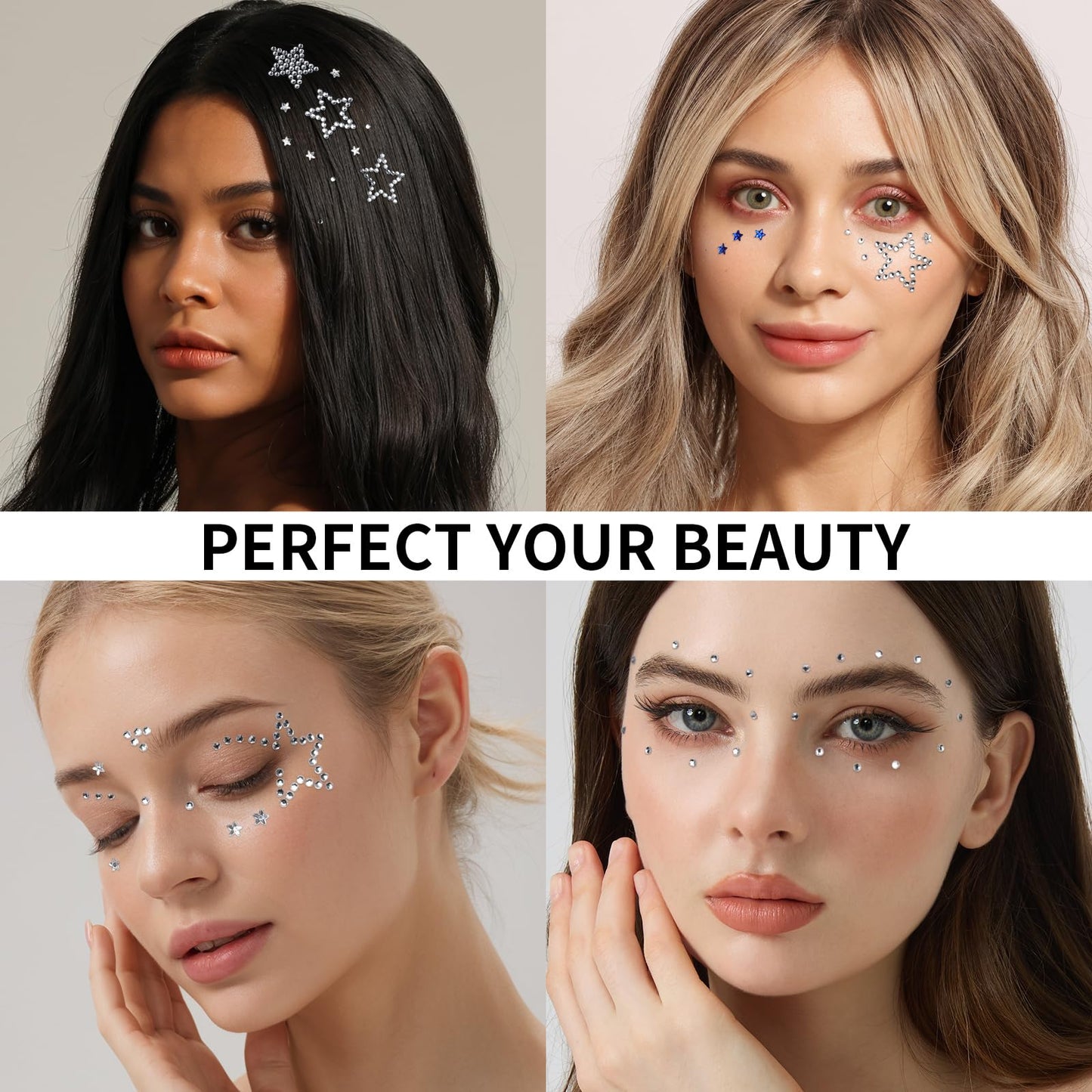 Teenitor face gems shown on hair and body for decoration