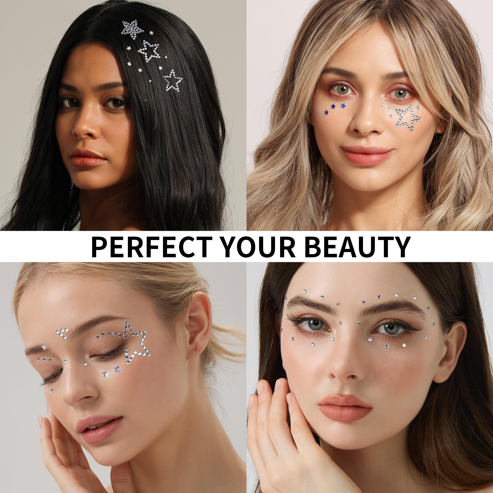 Teenitor face gems shown on hair and body for decoration