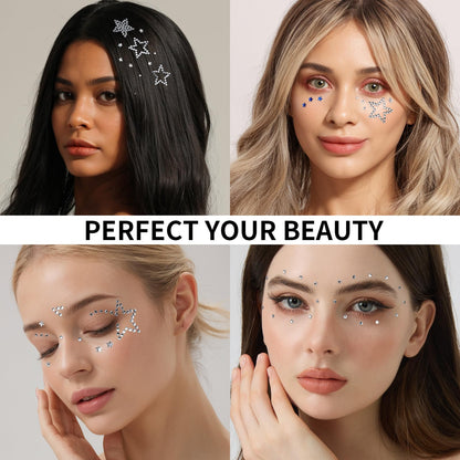 Teenitor face gems shown on hair and body for decoration