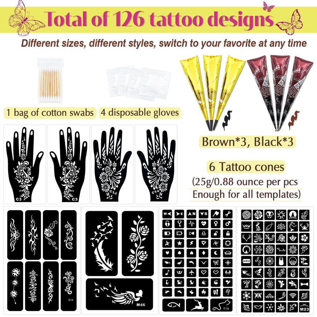 Close up of MuseLuxe tattoo stencils and brown and black ink cones