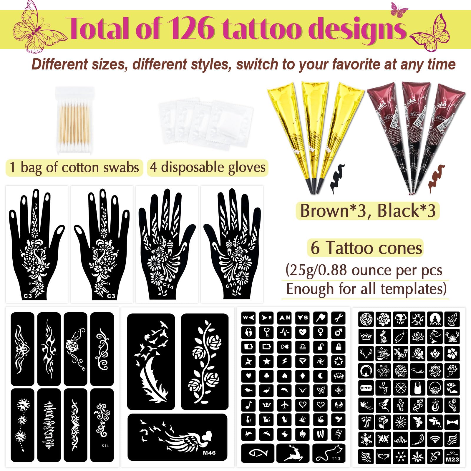 Close up of MuseLuxe tattoo stencils and brown and black ink cones