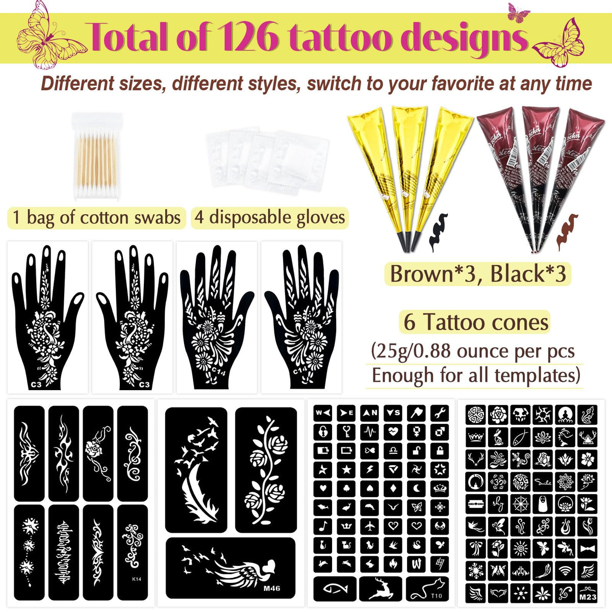 Close up of MuseLuxe tattoo stencils and brown and black ink cones
