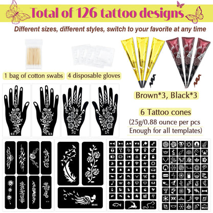 Close up of MuseLuxe tattoo stencils and brown and black ink cones