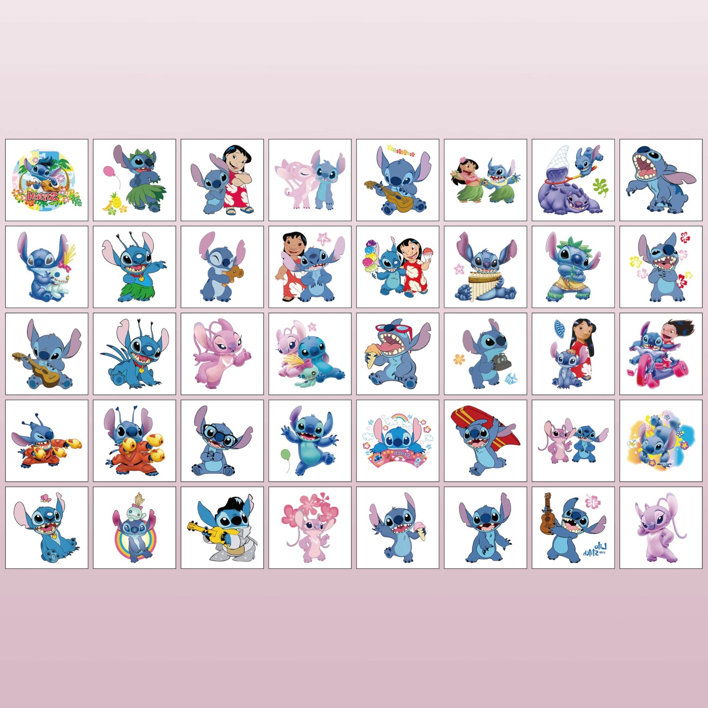 Close up of colorful Stitch cartoon tattoo designs