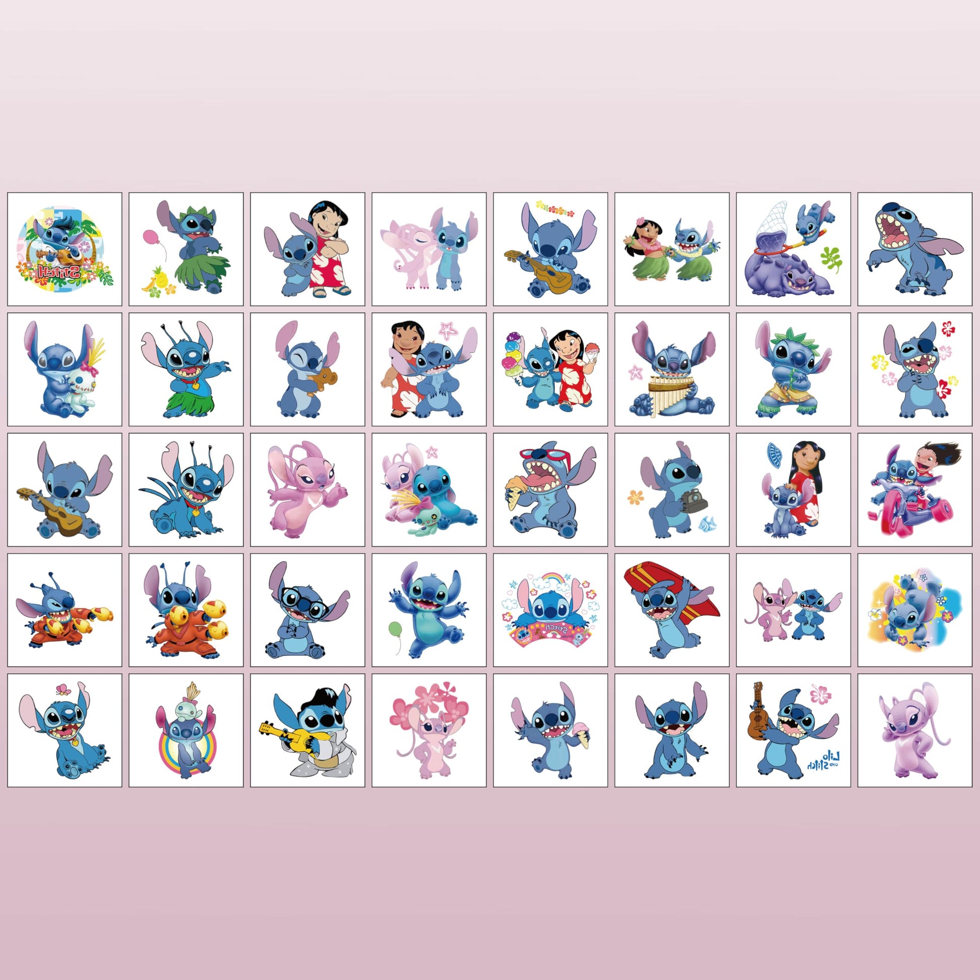 Close up of colorful Stitch cartoon tattoo designs