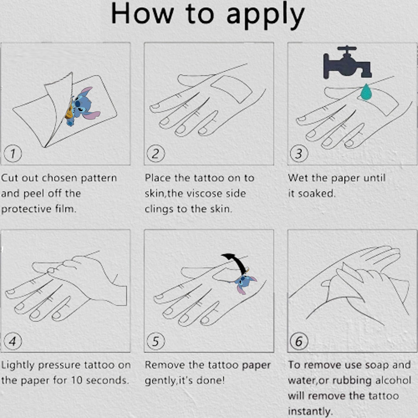 Back of JCQAYB temporary tattoo sheet instructions