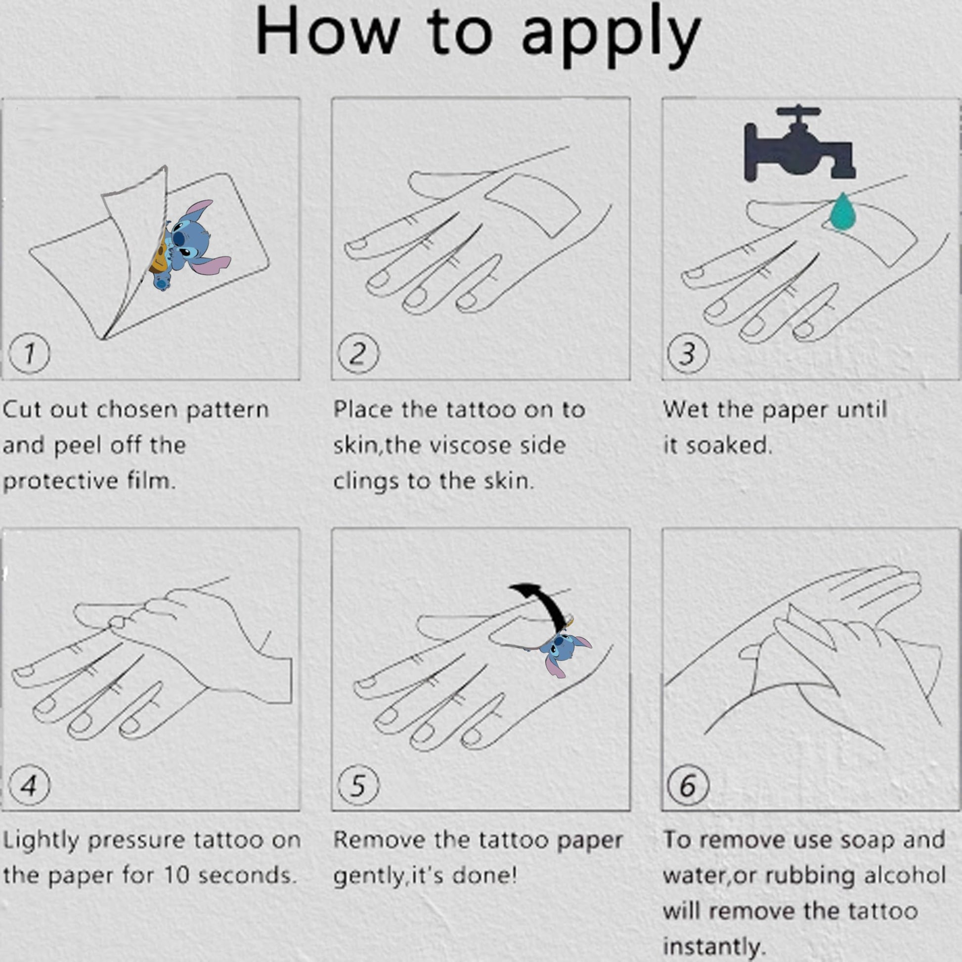 Back of JCQAYB temporary tattoo sheet instructions
