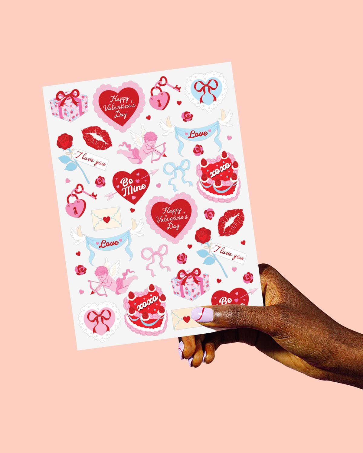 Detailed view of XOXO and candy heart tattoo stickers