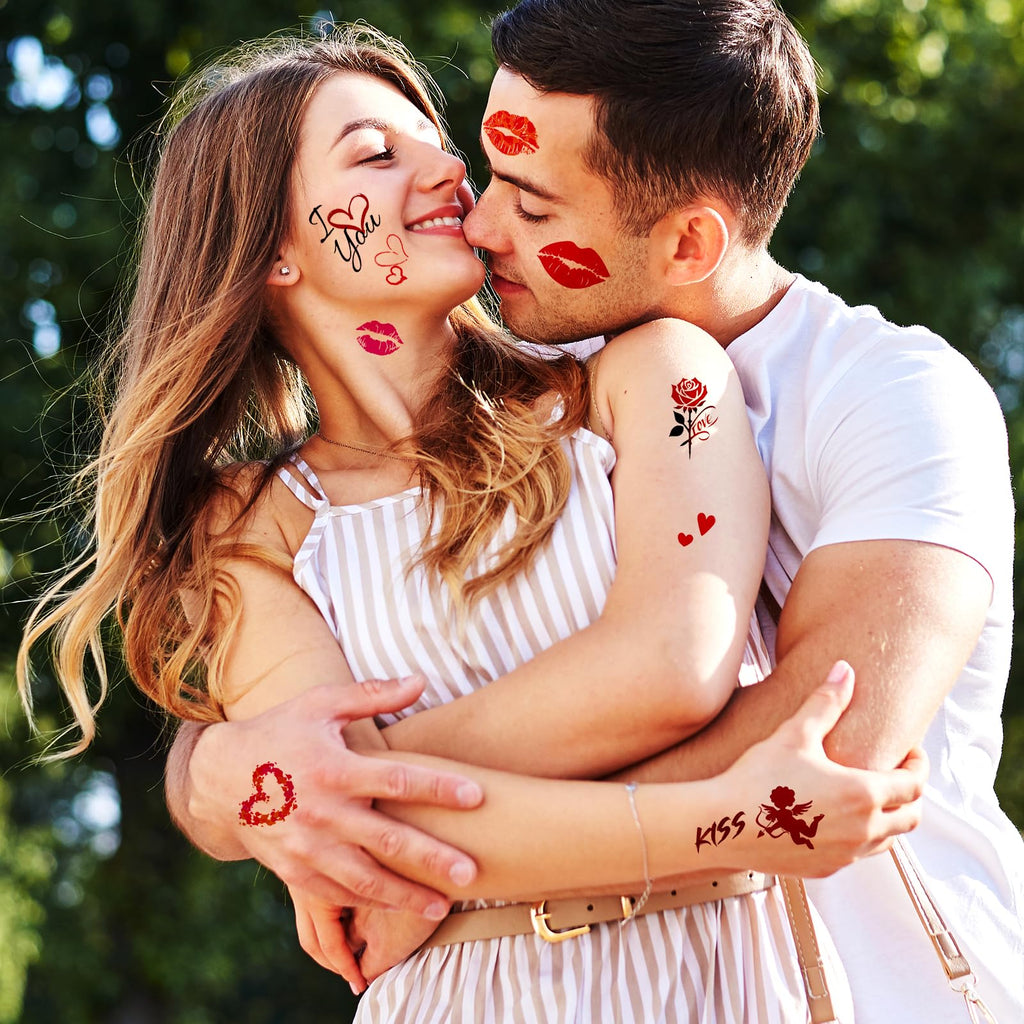 Close up of red kiss print temporary tattoo stickers on skin.