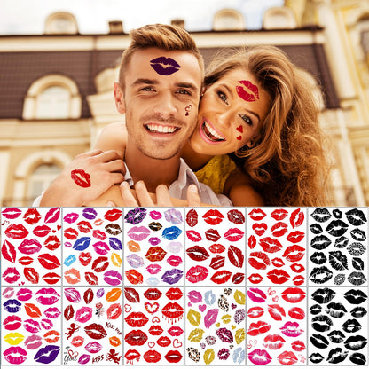 Model wearing vibrant red lip temporary tattoo on cheek.