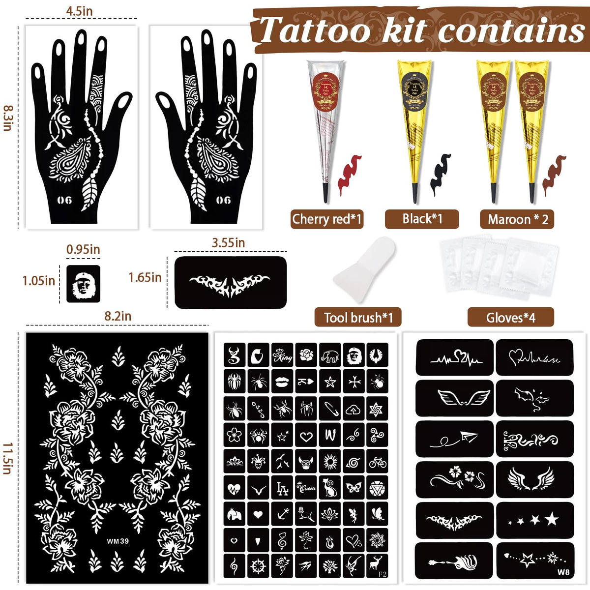 Close up of 77 stencil designs included in InkForge tattoo kit