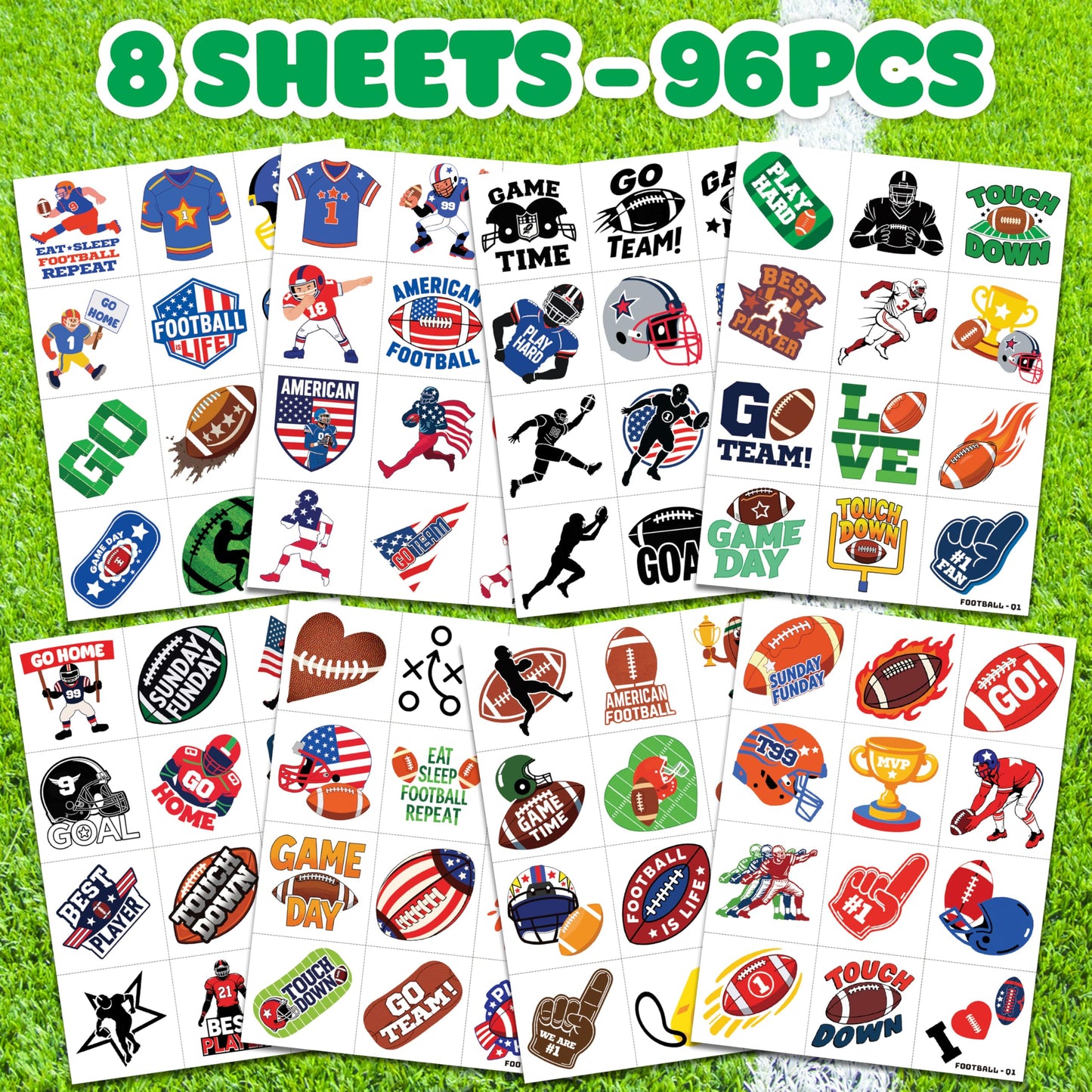 8 sheets of pre-cut sports theme temporary tattoos for party favors