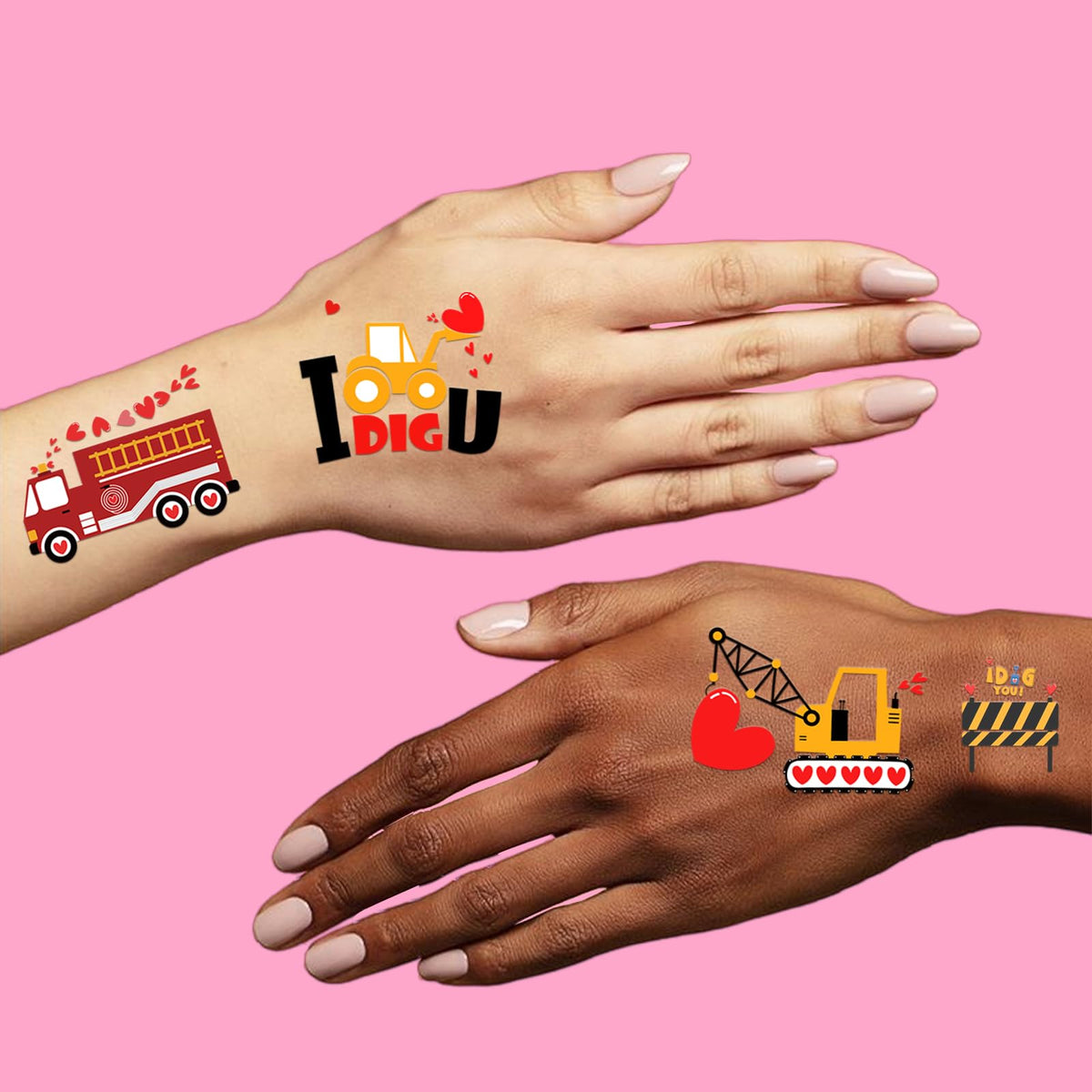 Variety of Ovasorve pink Valentine temporary tattoos on display