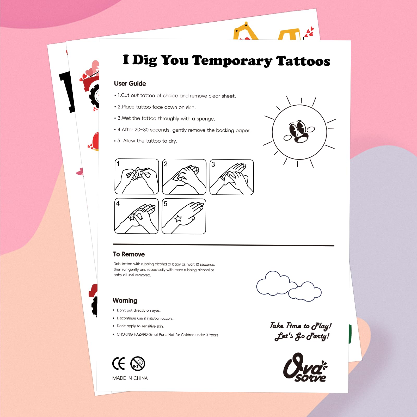 Instructions and packaging details for Ovasorve Valentine temporary tattoos