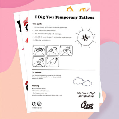 Instructions and packaging details for Ovasorve Valentine temporary tattoos