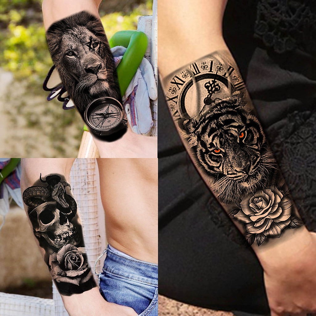 Close up of Coktak fake tattoo floral rose and skull designs