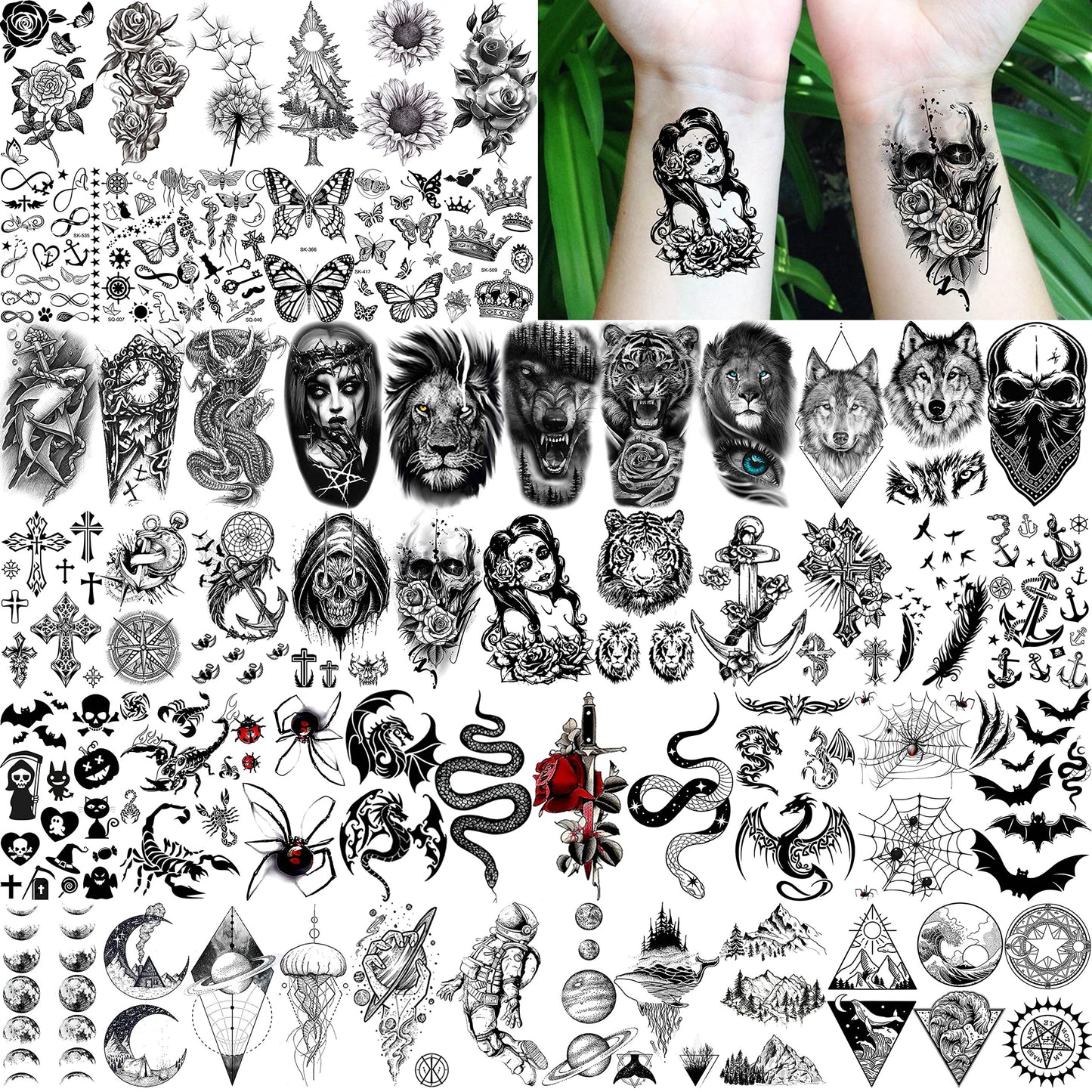 Overview of Coktak temporary tattoo sheet variety pack for men and women