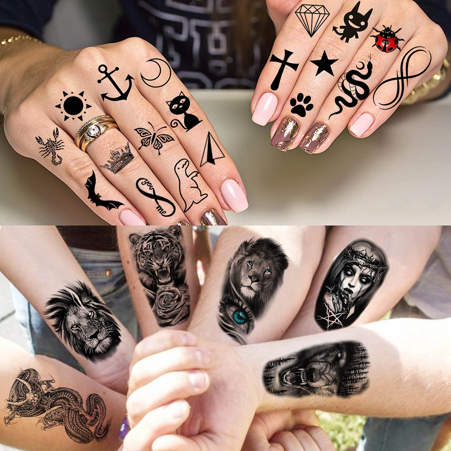 Detailed black ink temporary tattoo designs for forearm and shoulder