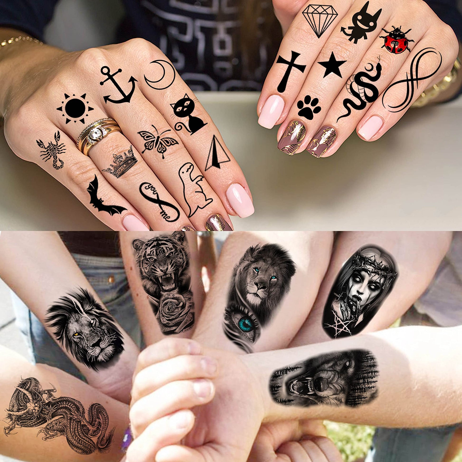 Detailed black ink temporary tattoo designs for forearm and shoulder
