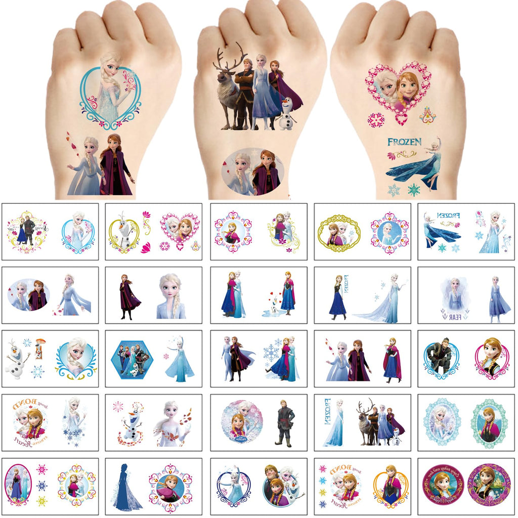 Assorted Elsa and Anna temporary tattoo designs on sheets