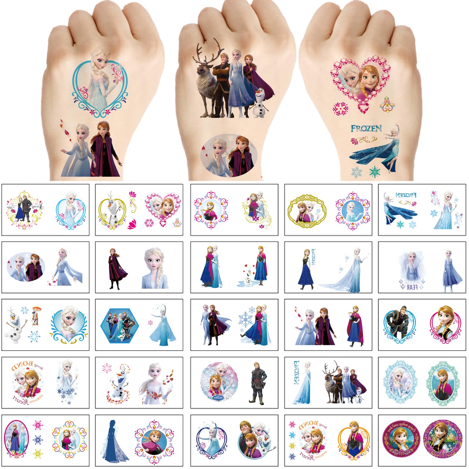 Assorted Elsa and Anna temporary tattoo designs on sheets