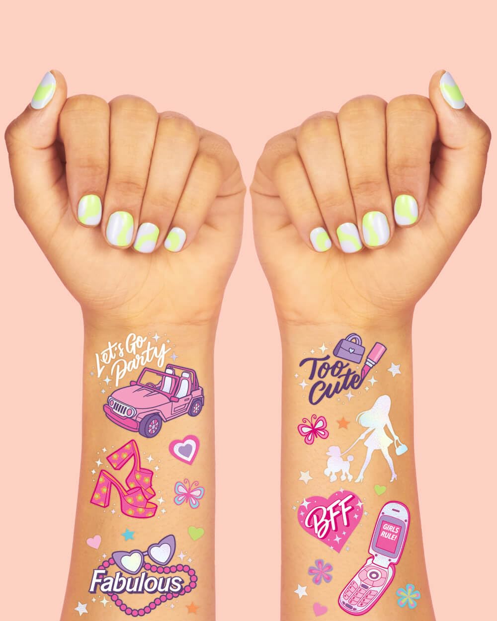 Xo, Fetti temporary tattoos applied on skin showing iridescent foil detail