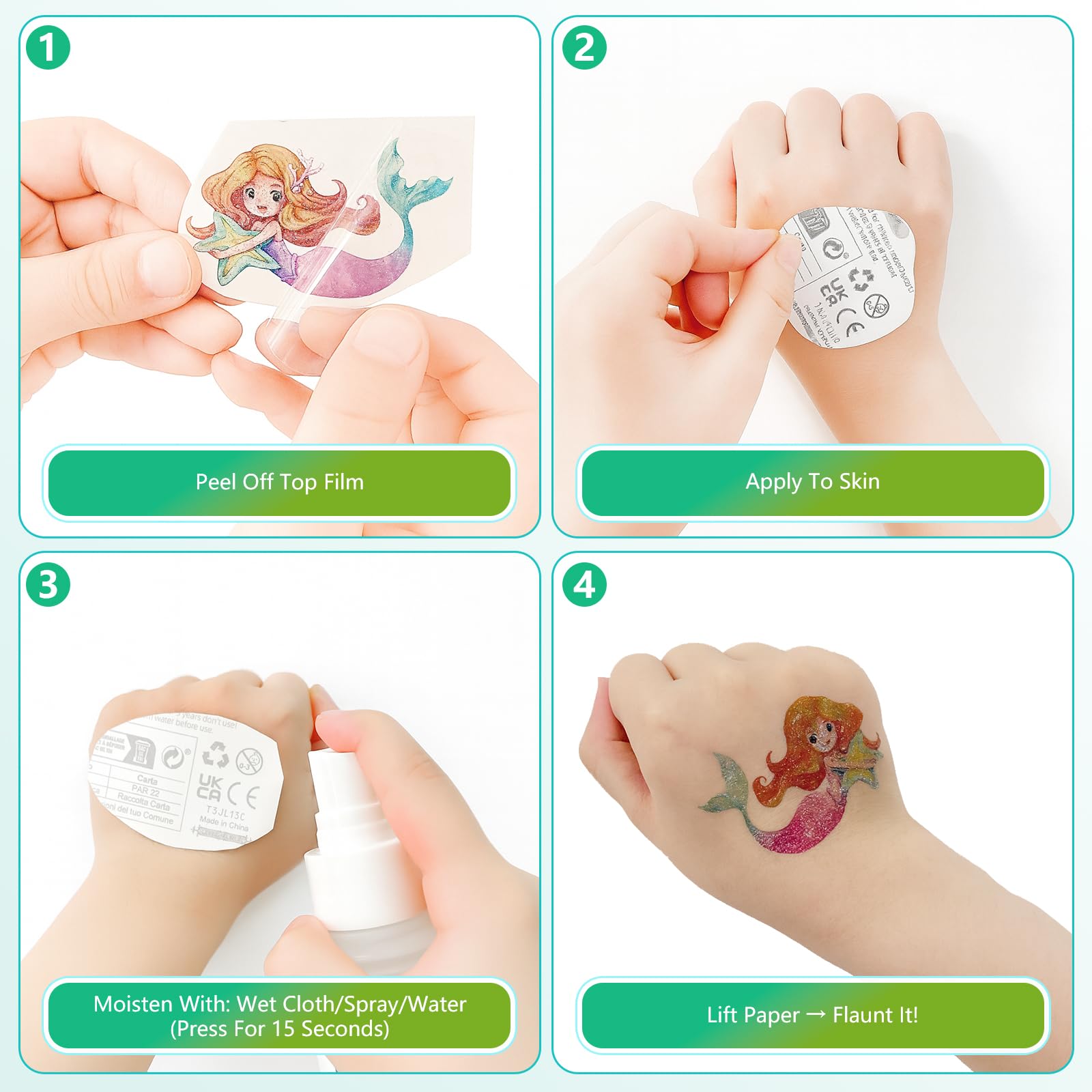 Unicorn themed temporary tattoo sheet for kids party