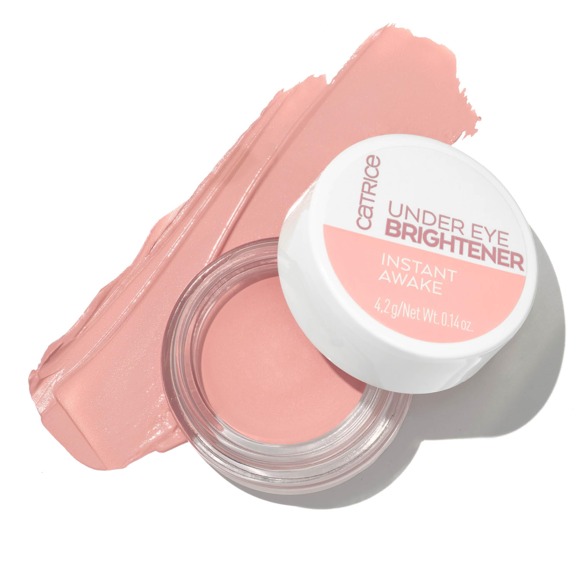 Catrice Under Eye Brightener open pot showing light pink texture