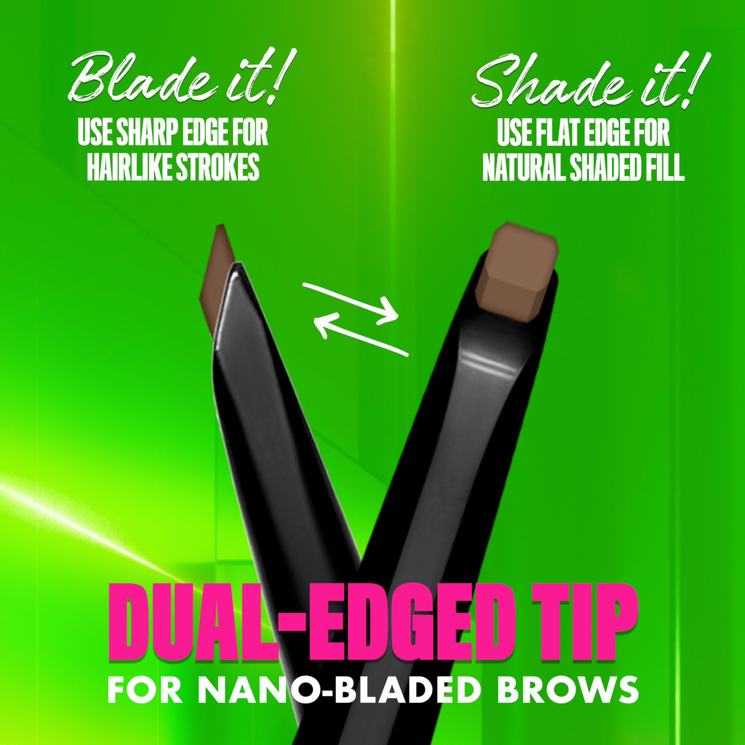 Close-up of the mechanical nano eyebrow pencil showing the blade edge for precision strokes.