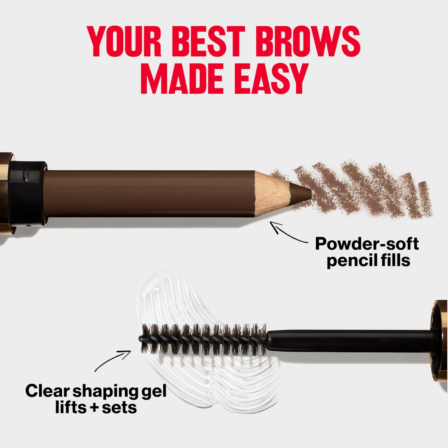 Revlon Ash Blonde eyebrow pencil side by side with clear brow gel brush