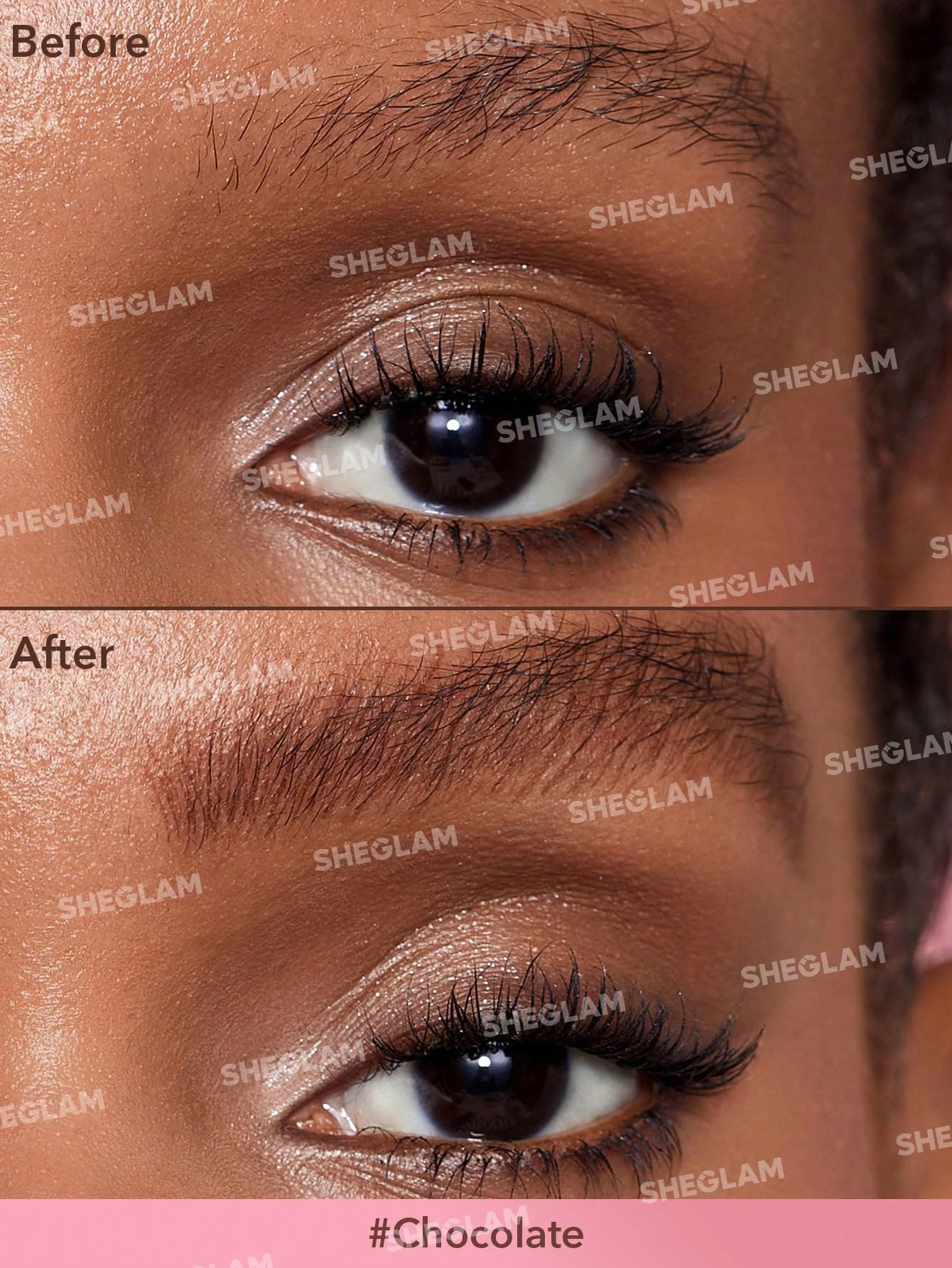 Swatches of the matte liquid eyebrow gel on skin demonstrating the natural hair-like strokes.