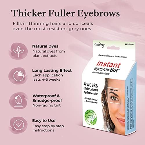 Godefroy temporary eyebrow tint kit contents showing three applications for mess-free brow coloring.