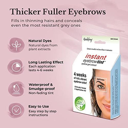 Godefroy temporary eyebrow tint kit contents showing three applications for mess-free brow coloring.