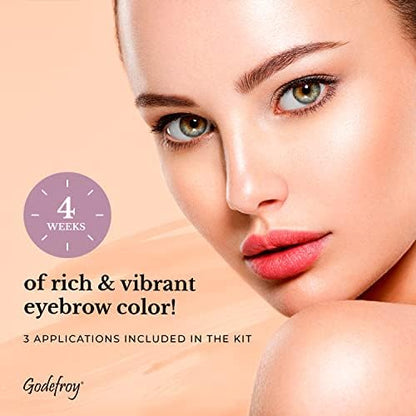 Back label of Godefroy fast acting brow color package detailing safety guidelines and instructions.