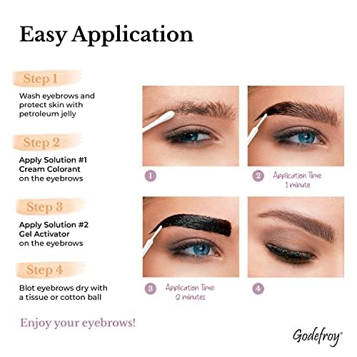 Side angle view of Godefroy medium brown instant eyebrow color box highlighting USA import origin.