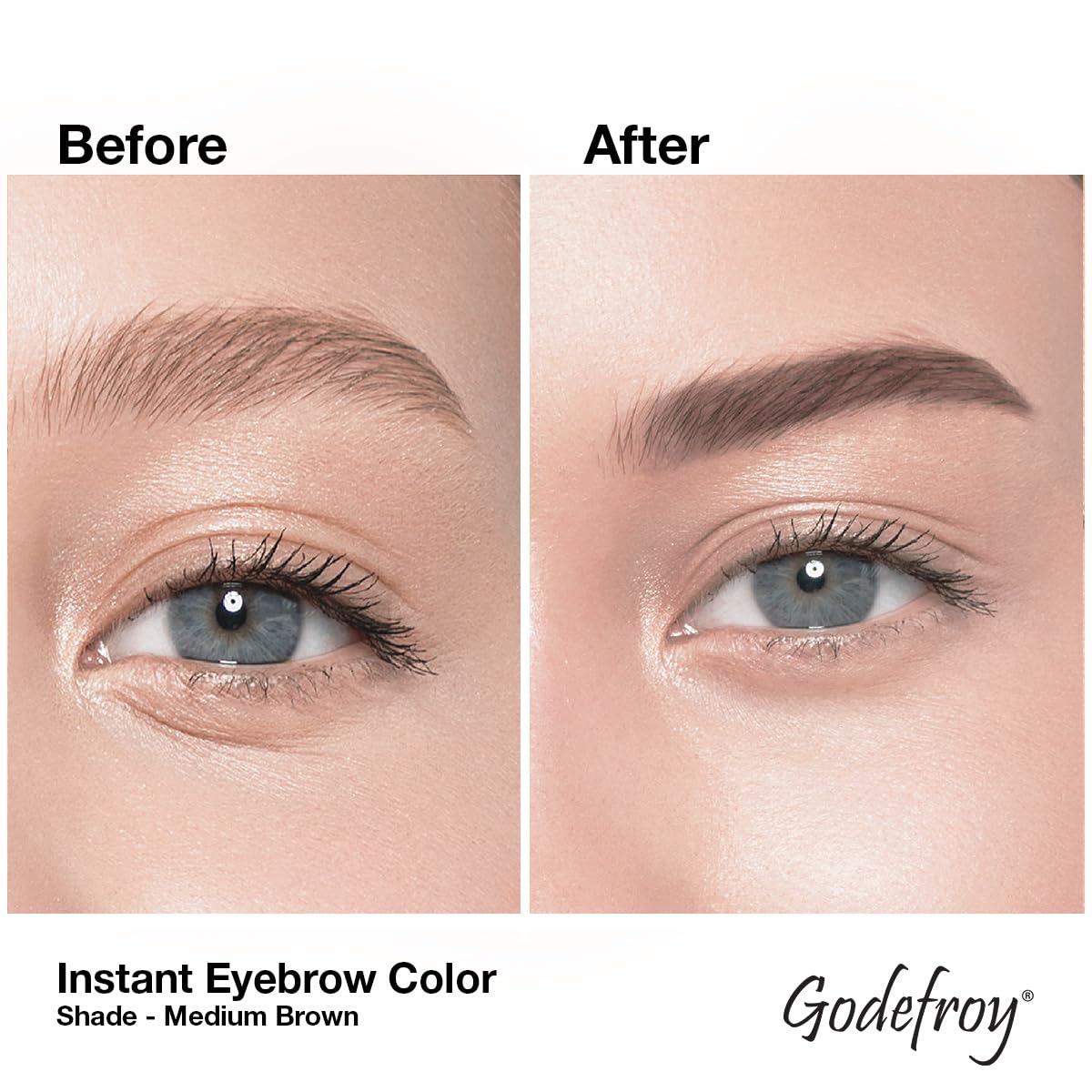 Close-up of Godefroy eyebrow color kit components including the precise applicator tool.