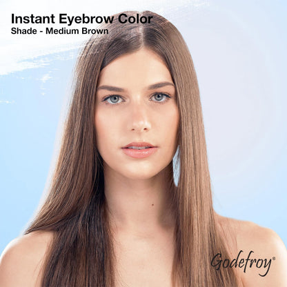 Godefroy instant brow color packaging display highlighting gray hair coverage benefits.