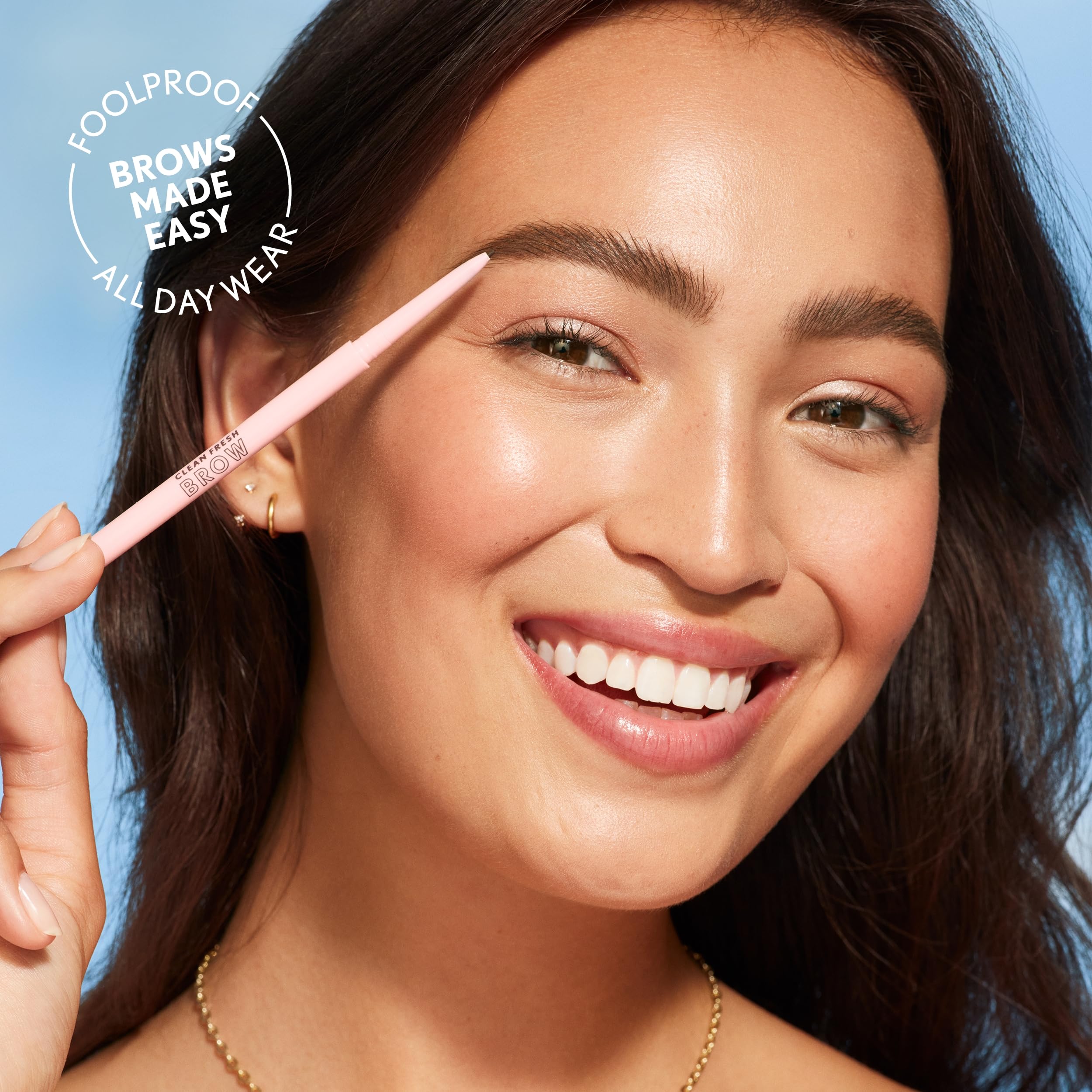 Covergirl 500 Medium Brown eyebrow pencil packaging detailing clean beauty claims.