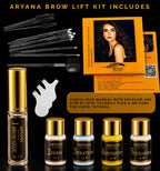 Aryana New York brow lift kit solutions arranged with included micro brushes and brow brush