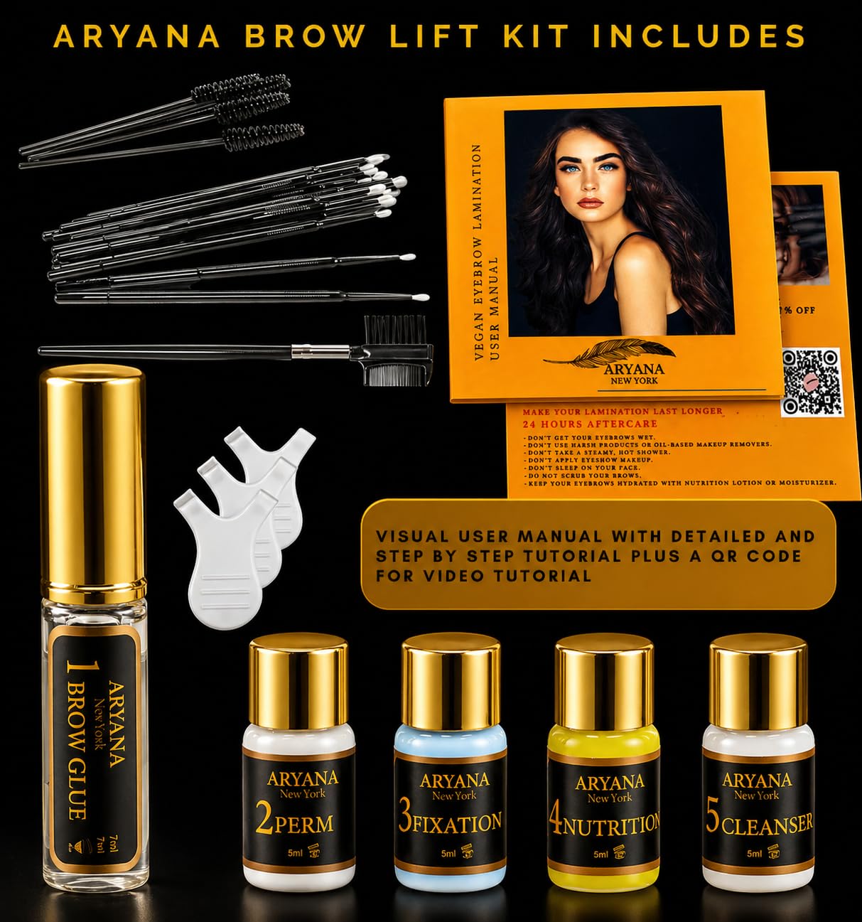 Aryana New York brow lift kit solutions arranged with included micro brushes and brow brush