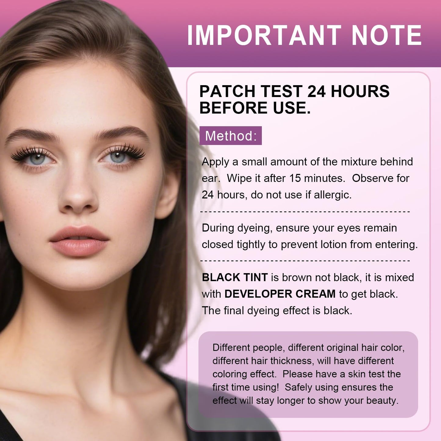 WEILNELL instant black eyelash tinting kit packaging back panel instructions.