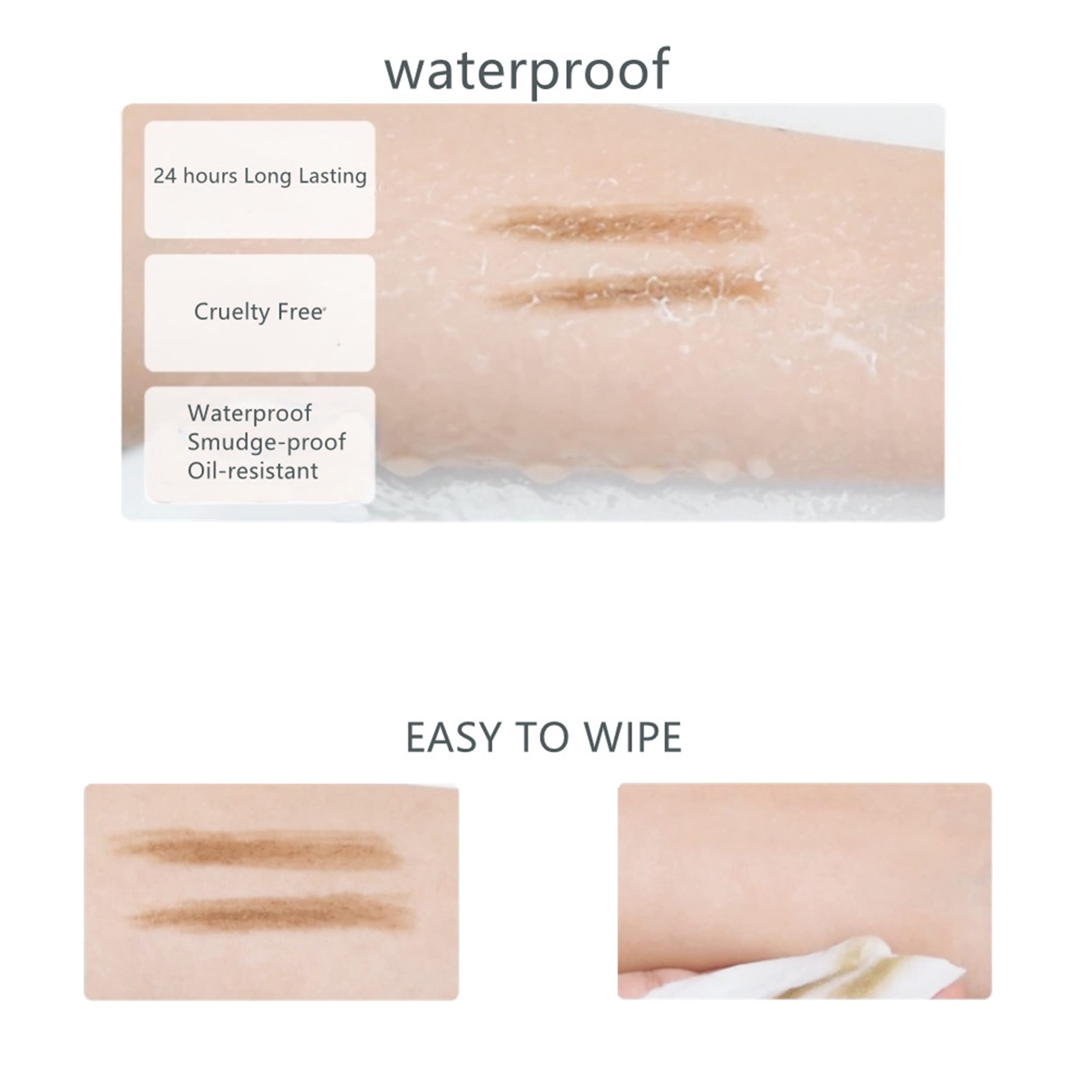 Smudge proof and waterproof demonstration of the BECHY micro brow pencil formula.