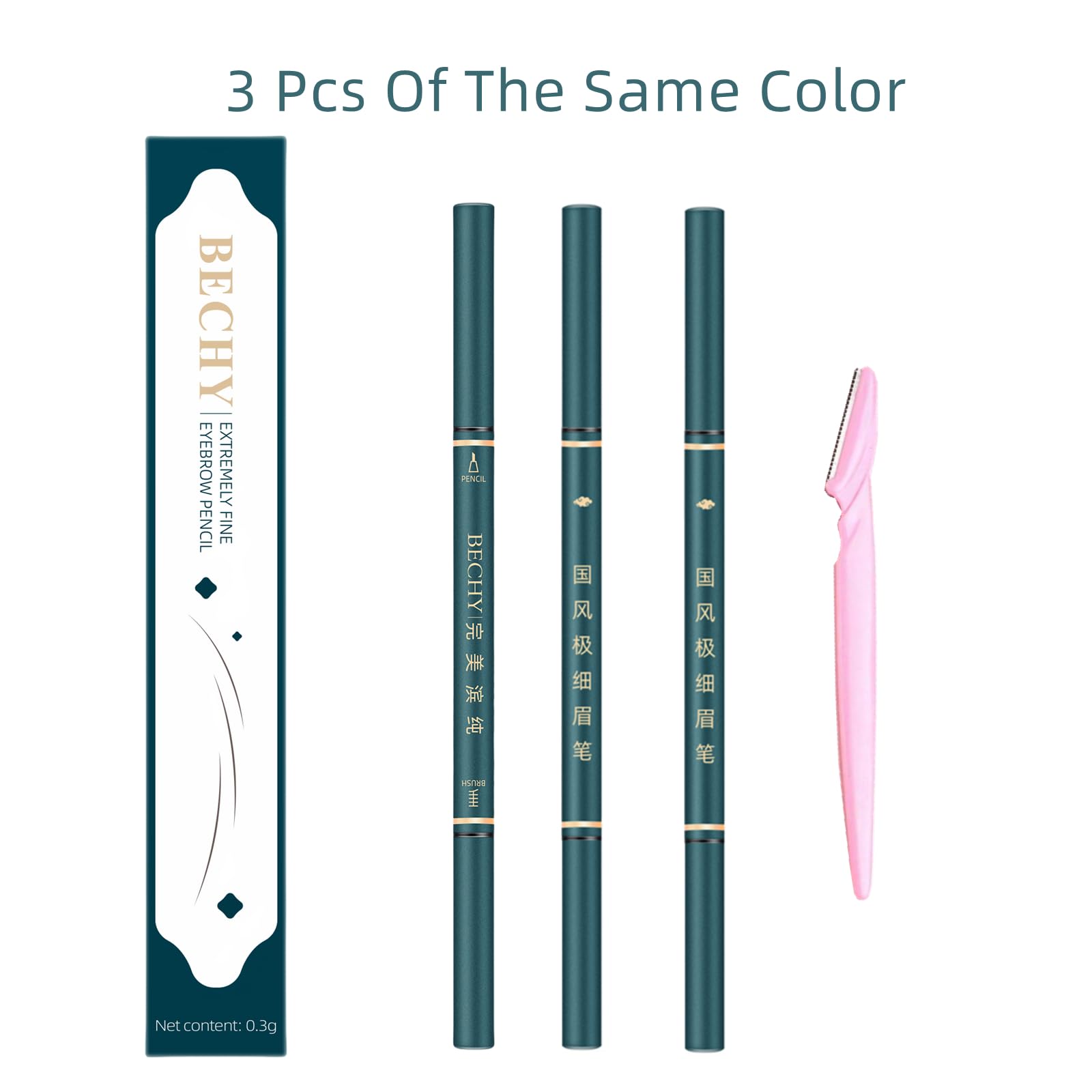 Authentic USA imported BECHY dark brown eyebrow pencil packaging and components.