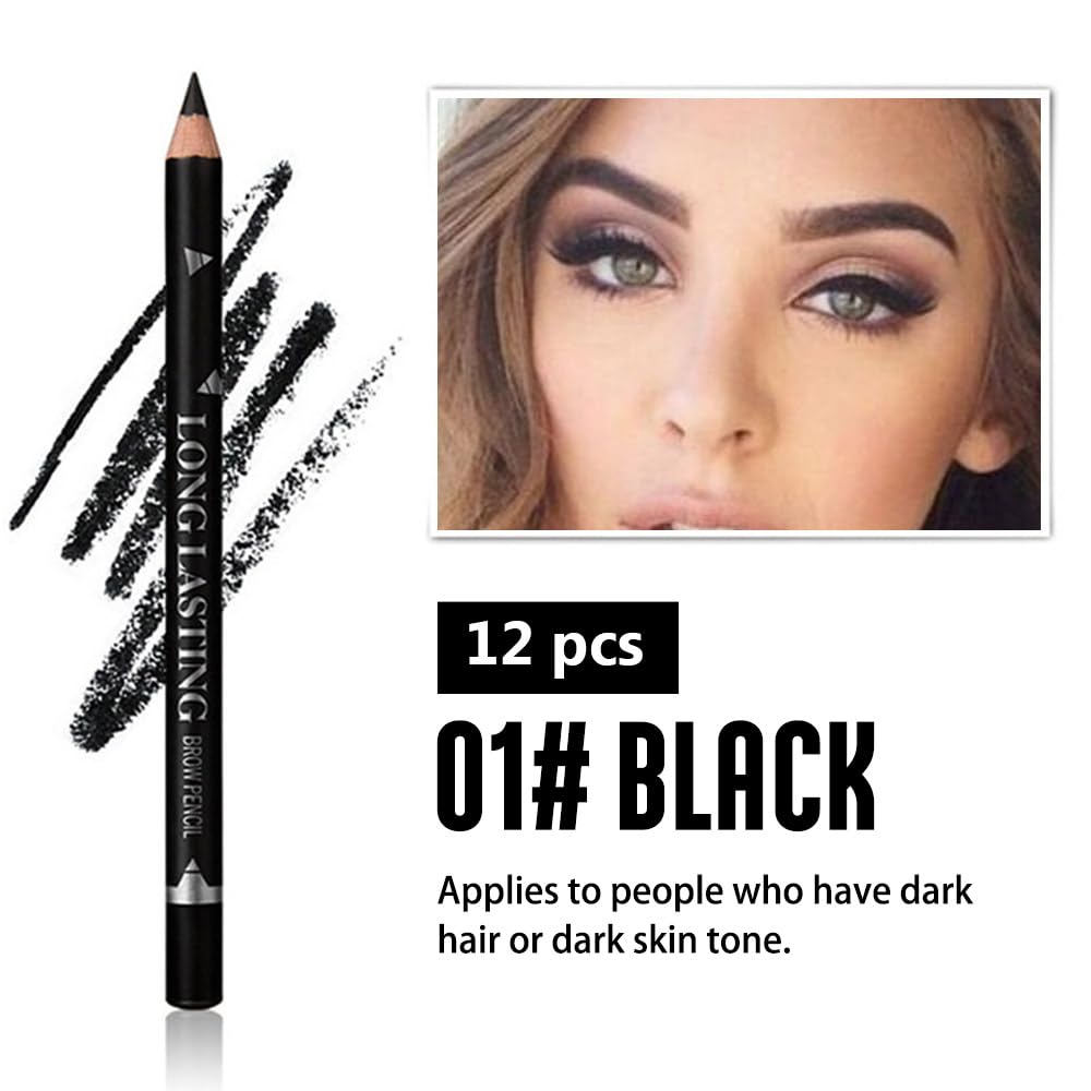 Six pieces of dark brown waterproof brow liner pencils arranged neatly with caps on