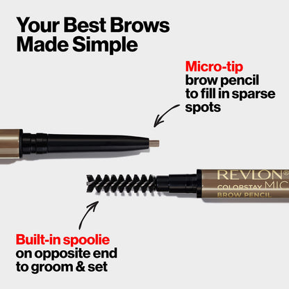 Smudge-proof micro eyebrow pencil packaging details and ingredients list.