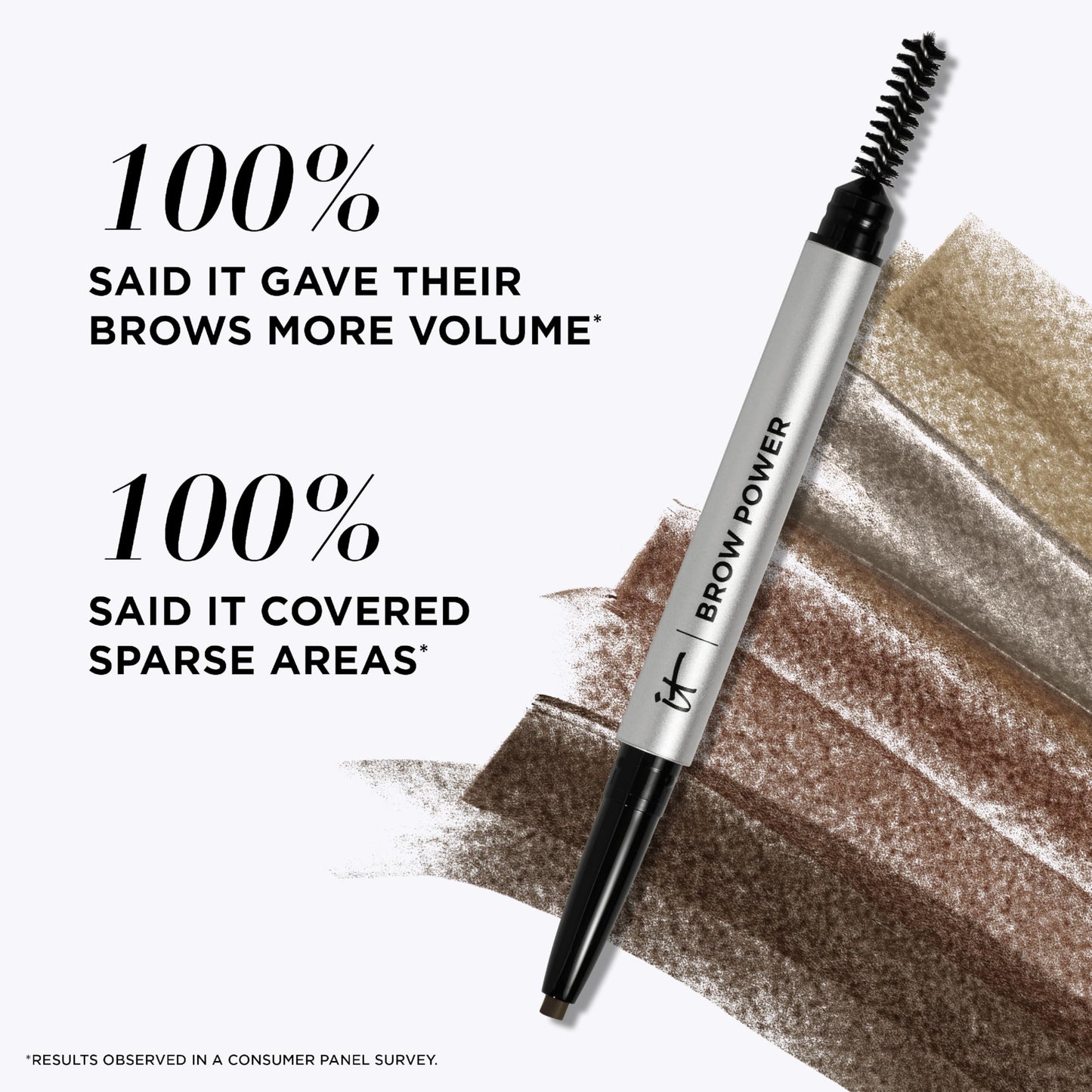 Swatches showing color variance of It Cosmetics eyebrow pencil