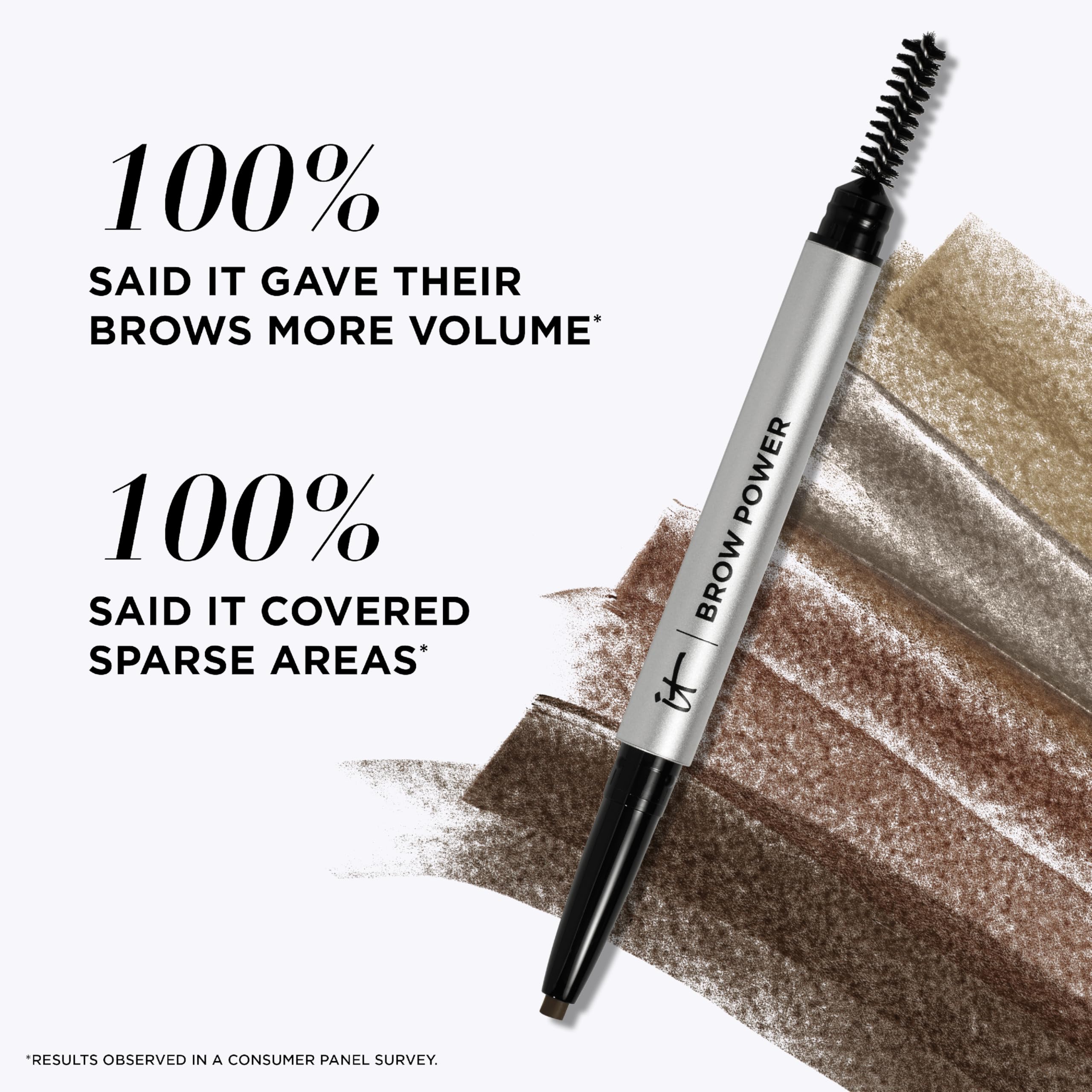 Swatches showing color variance of It Cosmetics eyebrow pencil