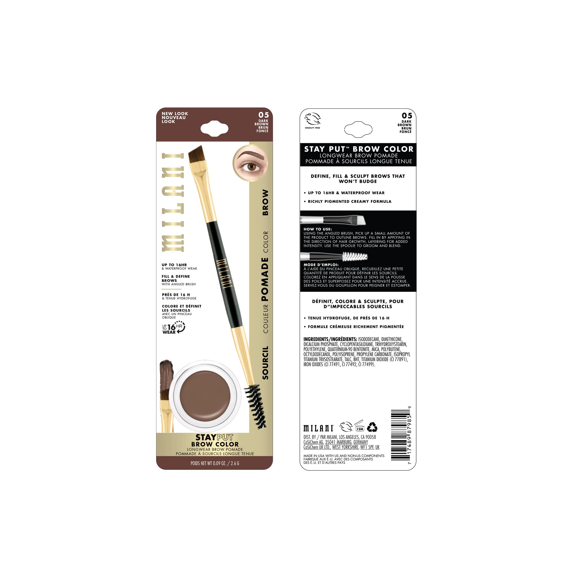 Milani Stay Put Brow Color packaging and included applicator brush